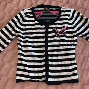 TOO FAST apparel blk/wht striped cardigan w/ skull